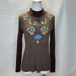 Sundance Sweater Womens Size Medium Floral Embroidered Pullover Mock Neck Brown